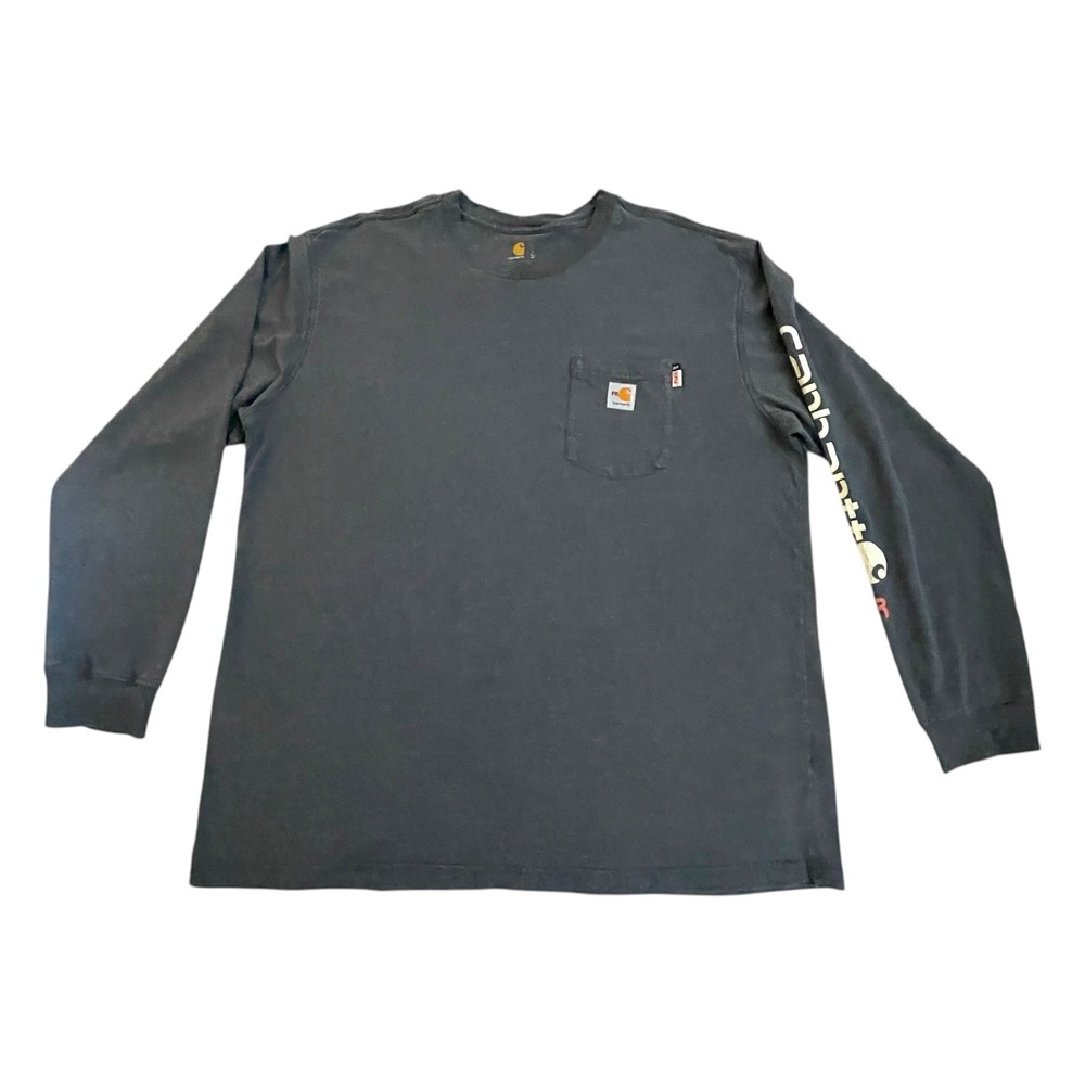 Vintage Carhartt Men's 2XL Gray L/S Pocket T-Shirt Spell Out Sleeve Logo- READ!